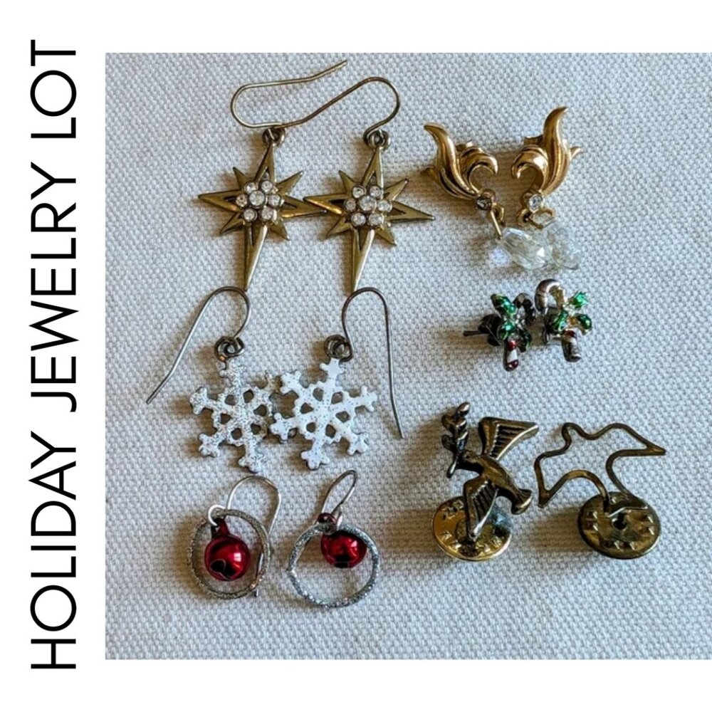 Christmas Holiday Earrings and Pins Jewelry Lot Star Snowflake Candy Cane Bird
